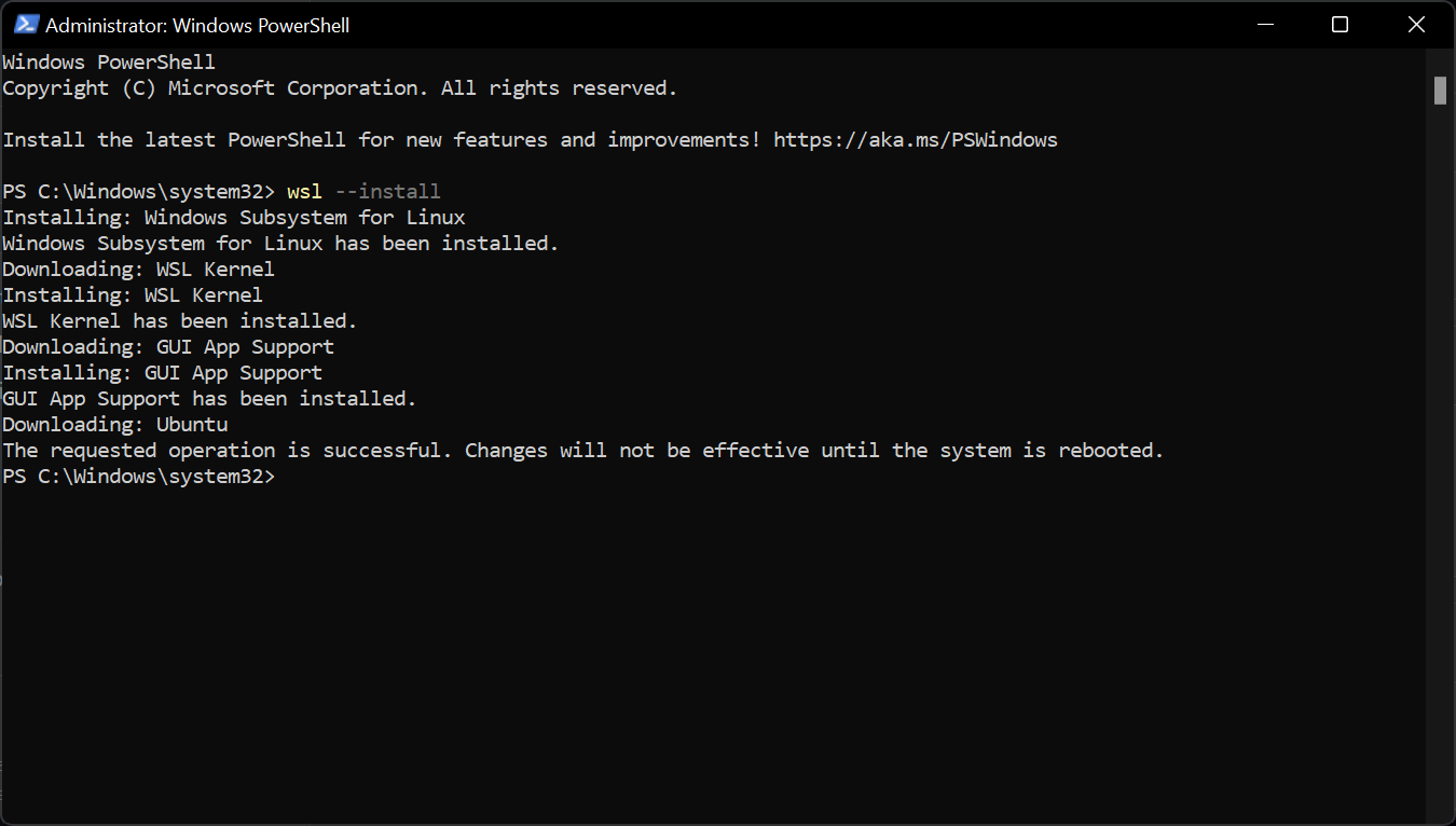 A screenshot of lines acknowledging the installation of WSL